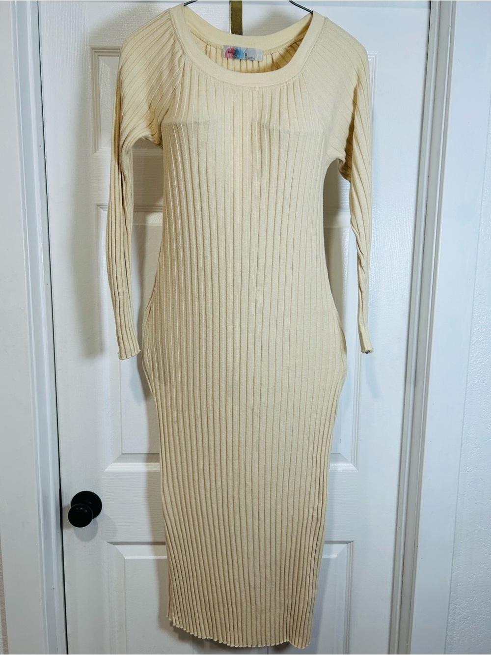 Free People Cream Ribbed Long Sleeve Midi Dress…
